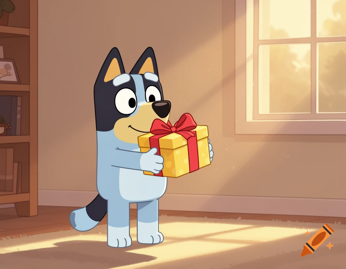 A blue cartoon dog, resembling Bandit from Bluey, smiles while holding a yellow gift box with a red bow in a sunny room.