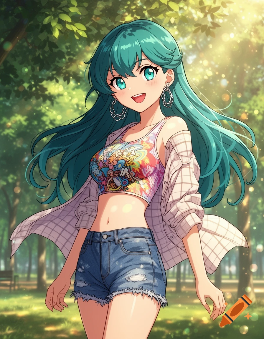 An anime girl with teal hair, blue eyes, a colorful crop top, denim shorts, and an open plaid shirt smiles in a sunny park.