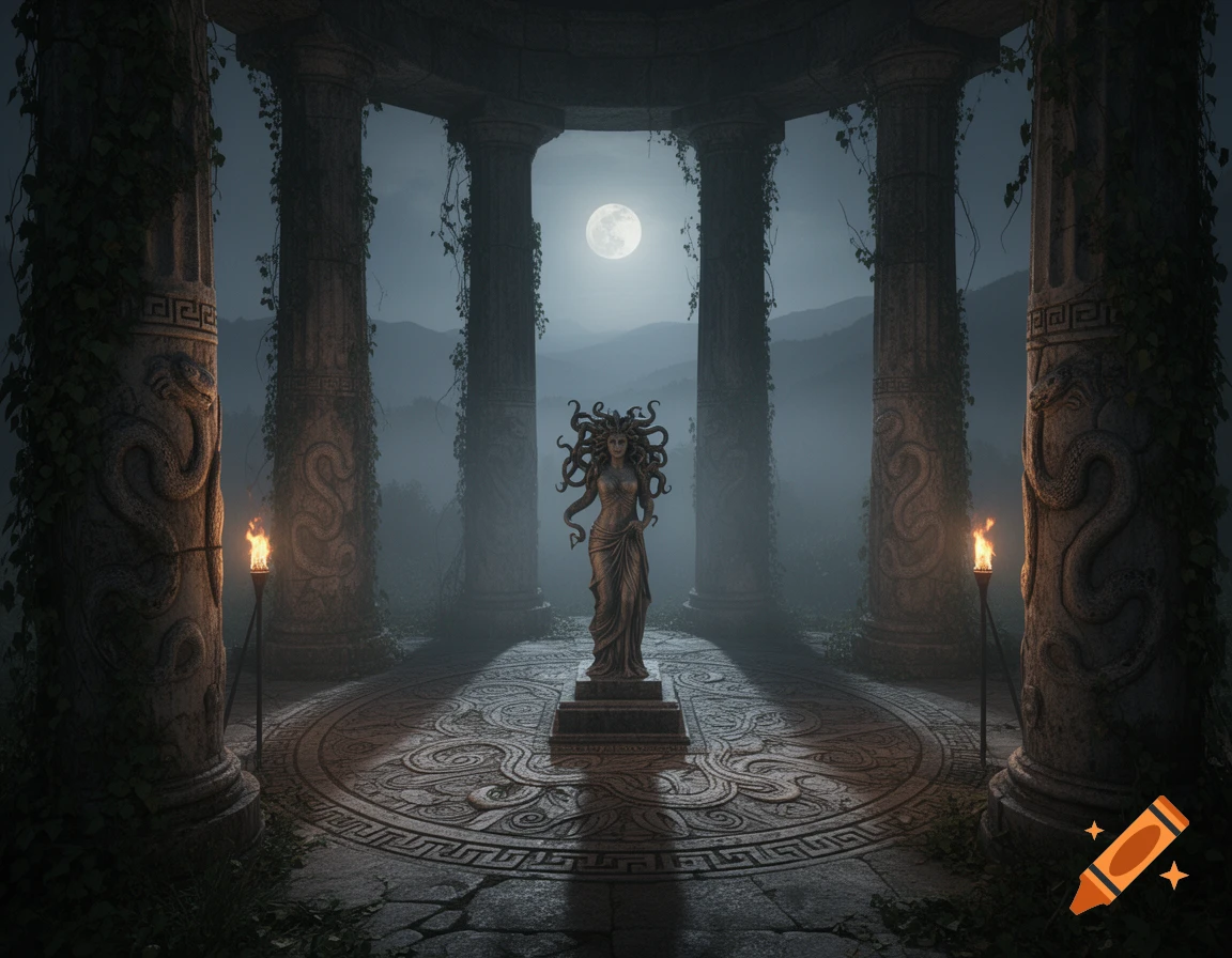 A stone Medusa statue in a moonlit, fog-shrouded ancient Greek temple with crumbling columns and flaming torches.