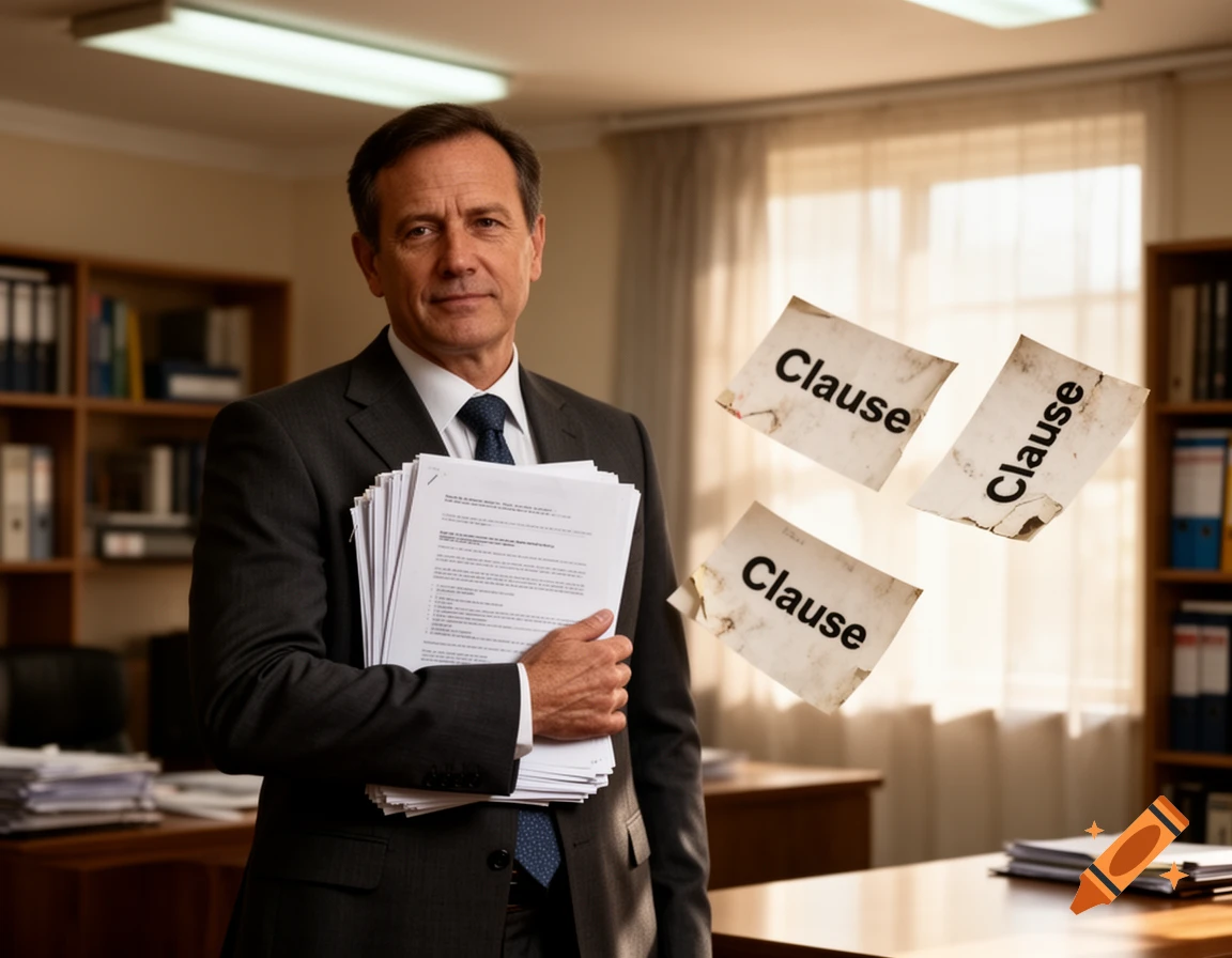 Photorealistic image of a man in a suit holding documents in an office, with three floating papers labeled 'Clause'.