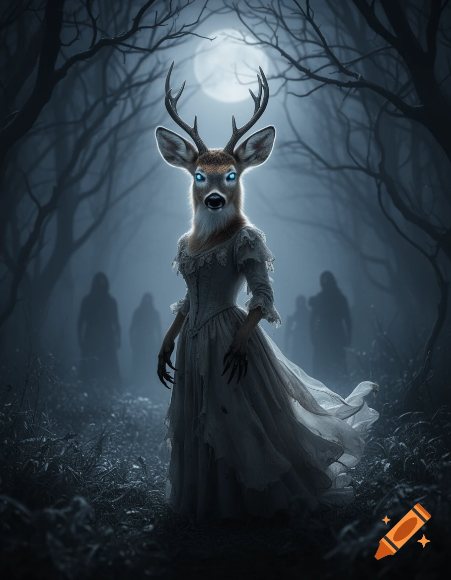 A deer-headed woman with glowing blue eyes, wearing a tattered white dress and clawed fingers, stands in a dark, foggy forest under a full moon, with shadowy figures in the background.