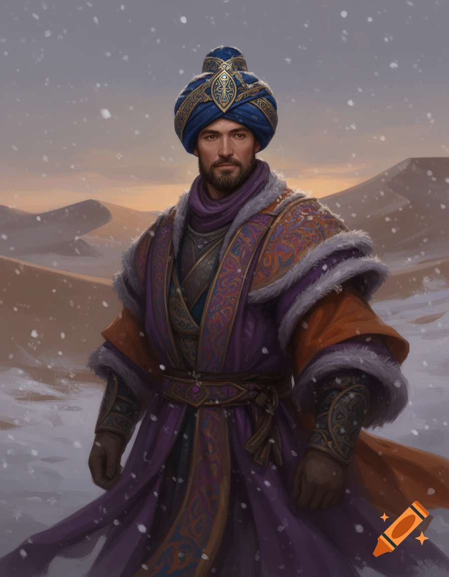 A portrait of an oriental man with a beard and a blue turban, wearing ornate purple and orange winter clothing, standing in a snowy desert.