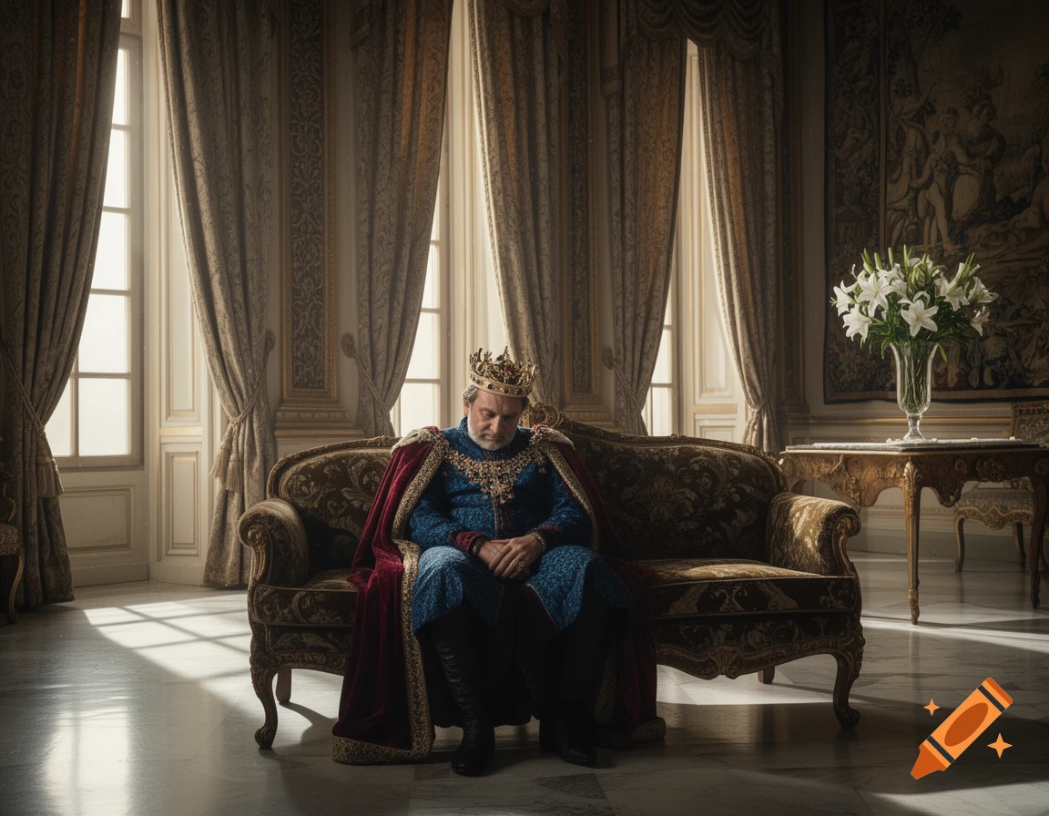 A sad king in a richly decorated blue and red robe, wearing a crown, sits on an ornate couch in a grand sunlit room.