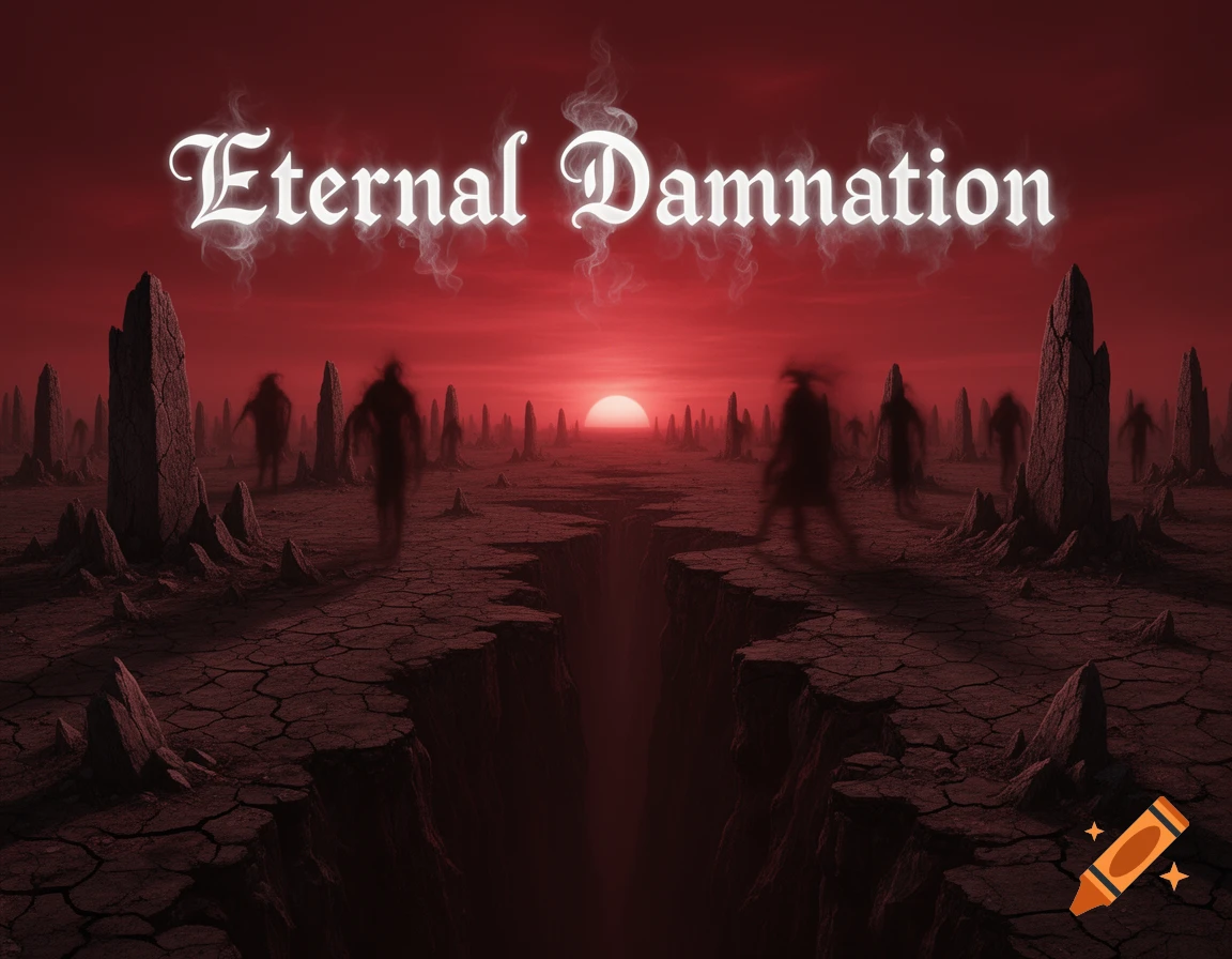 A desolate cracked landscape with shadowy figures and tall monoliths under a red sky with a setting sun. Text reads "Eternal Damnation".