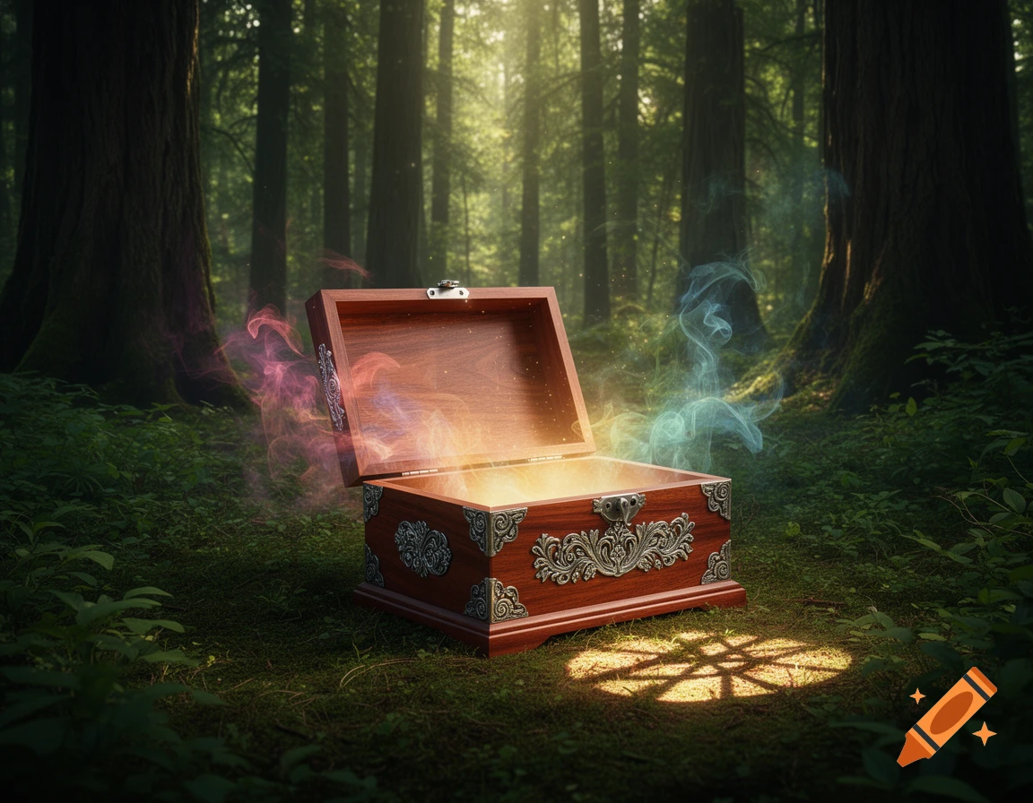 An open ornate wooden chest emitting light and colorful smoke in a sun-dappled magical forest.
