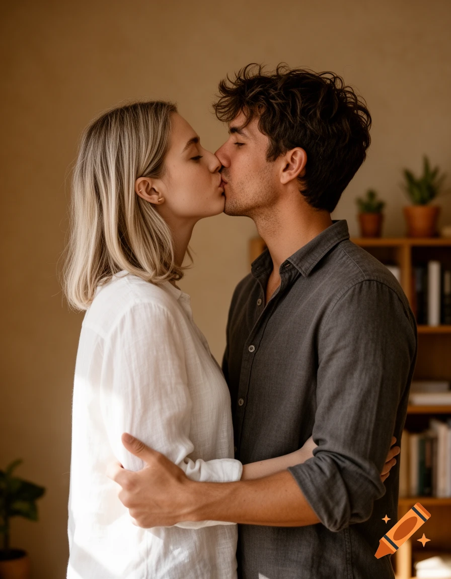 A photorealistic image of a man and a woman in shirts kissing softly in a sunlit room with a bookshelf.