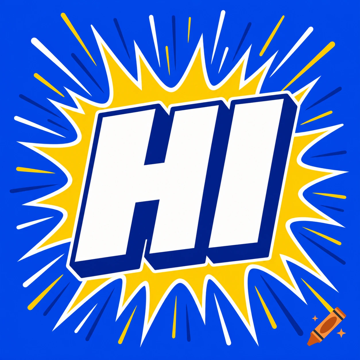 Bold white letters HI with a blue outline and a yellow starburst effect on a blue background.