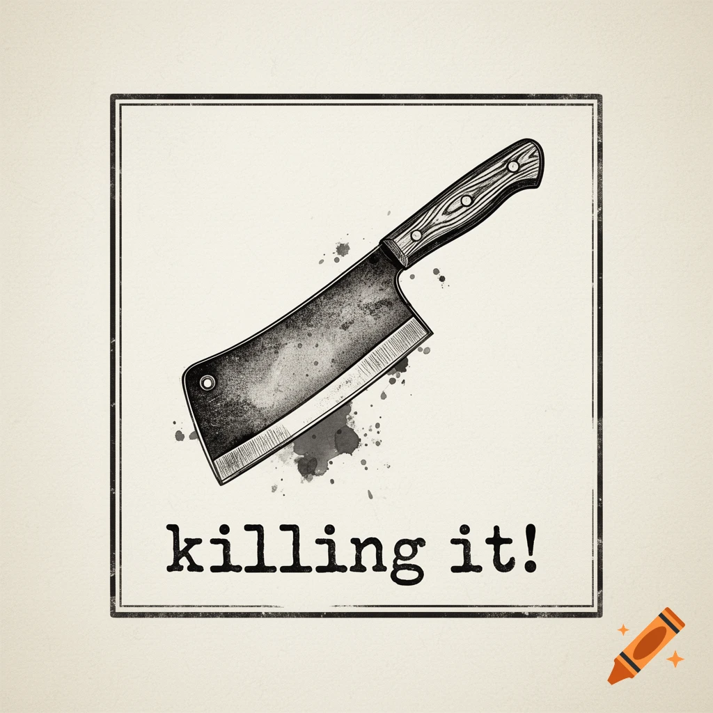 A stylized rubber stamp illustration of a meat cleaver with ink splatters, and the phrase 'killing it!' below.