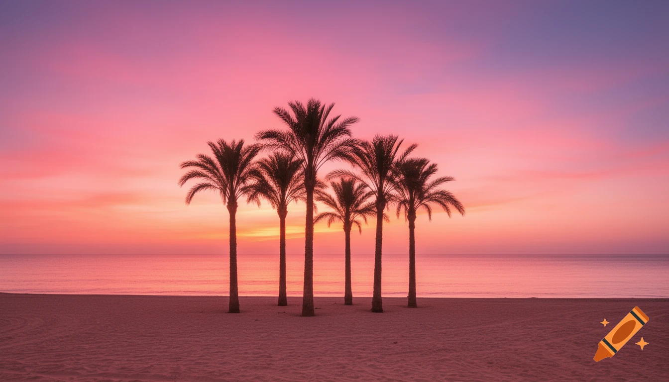 Five palm trees silhouette against a vibrant pink and orange sunrise sky over a calm ocean and sandy beach.