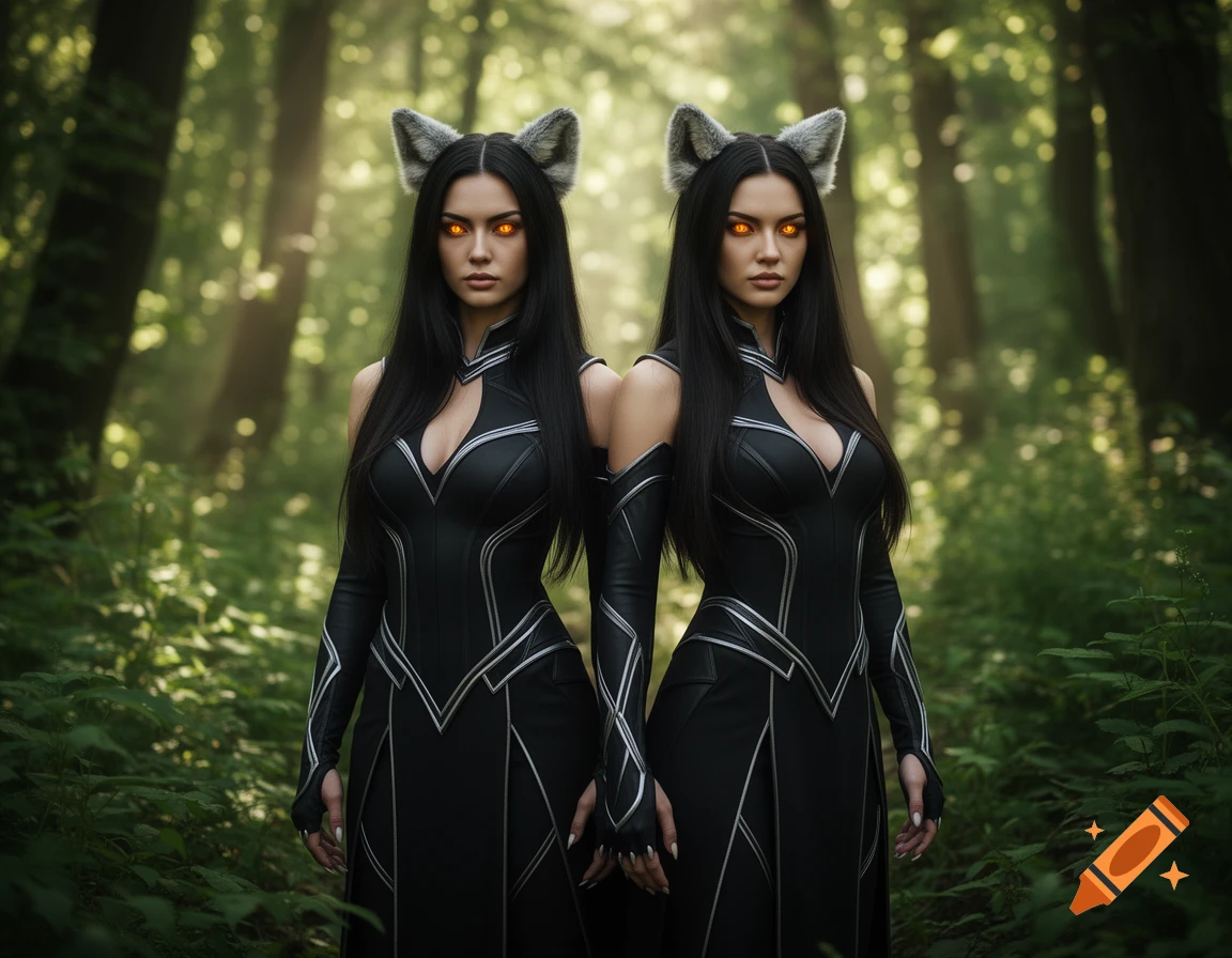 Two women with wolf ears and glowing amber eyes in black warrior suits with silver details stand in a lush forest.