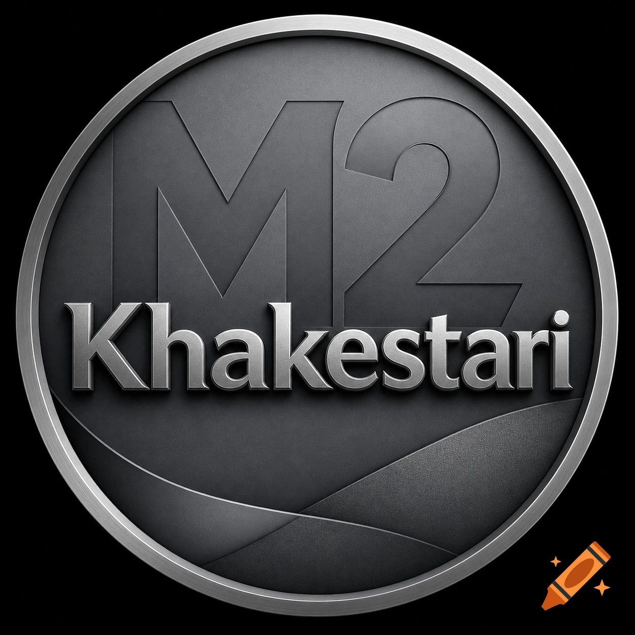 Circular metallic logo with embossed 'M2' in the background and raised 'Khakestari' in the foreground.