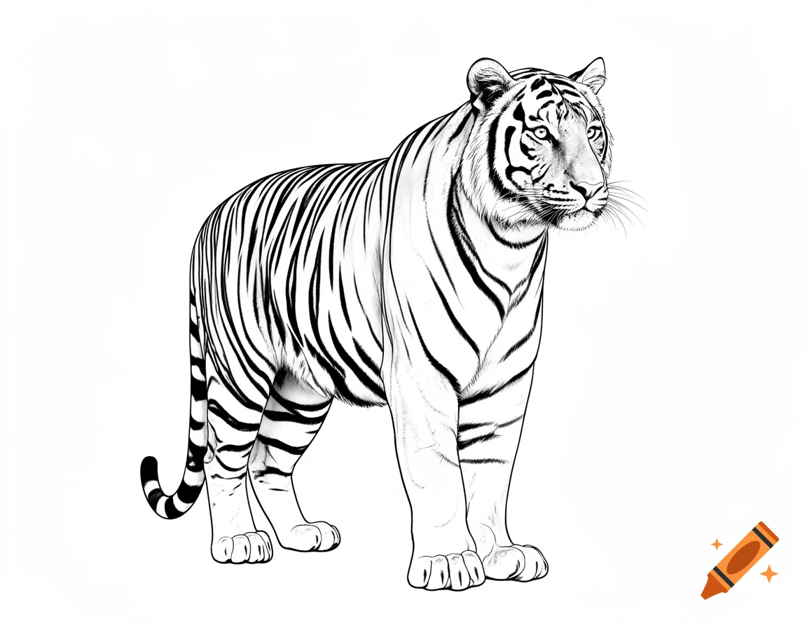 A black and white line drawing of a tiger standing and looking to the right on a white background.