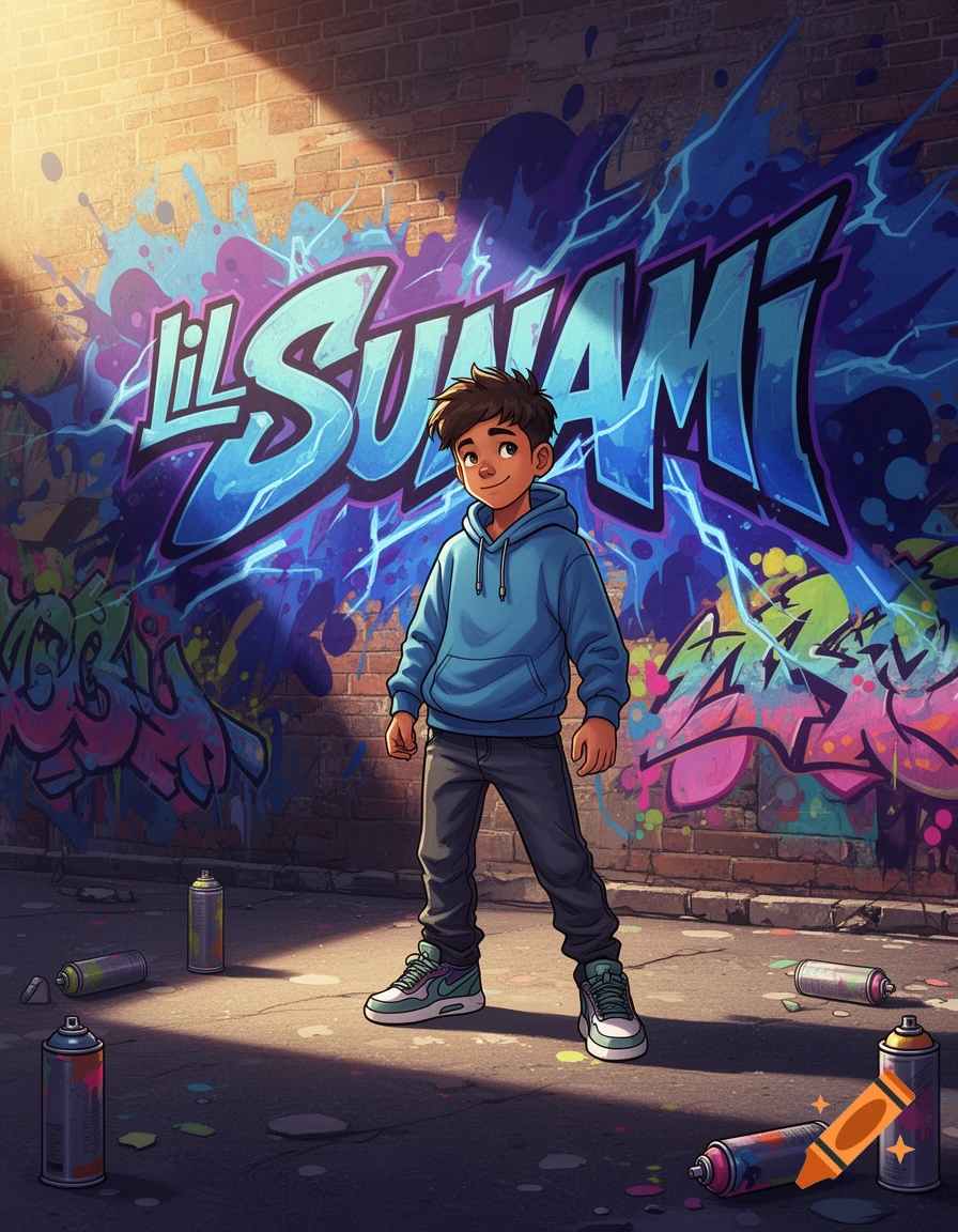A cartoon boy in a blue hoodie stands in front of a colorful brick wall with 'LIL SUNAMI' graffiti, spray cans are on the ground.