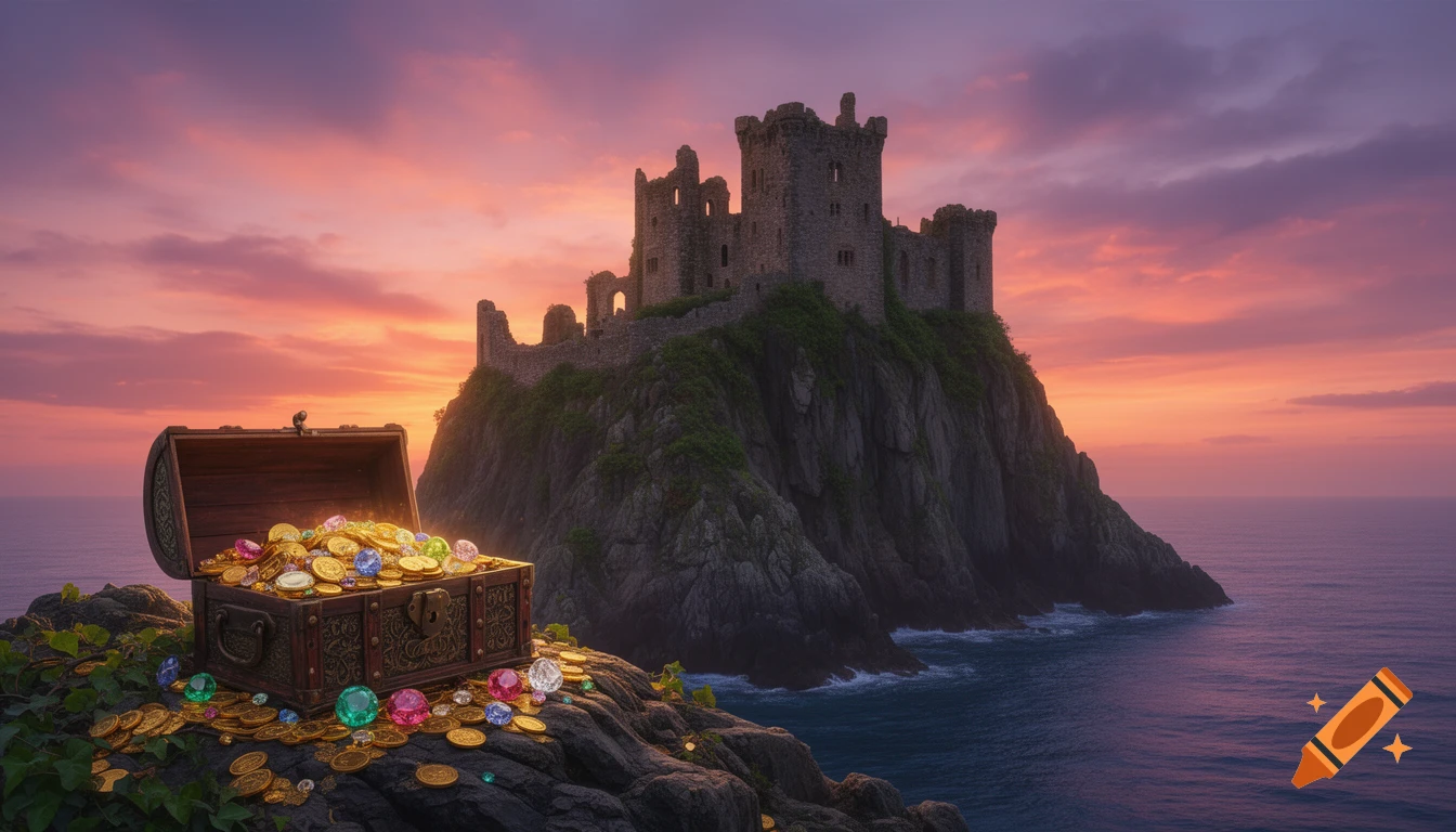 An open treasure chest with gold and gems on a rocky cliff, overlooking a ruined castle on an island under a vibrant sunset.