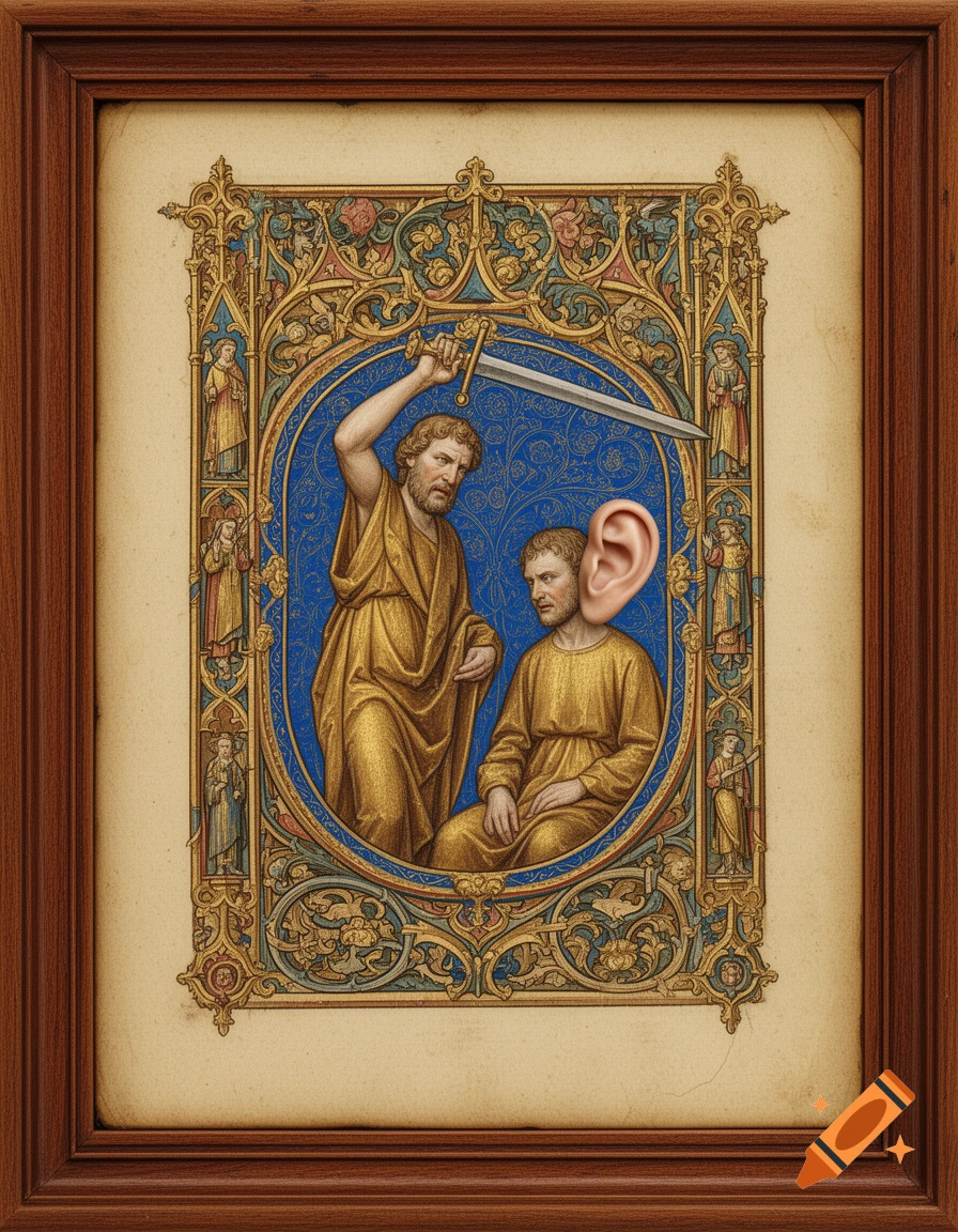 A medieval-style illustration of a man with a sword standing over a seated man, who has a giant realistic ear.