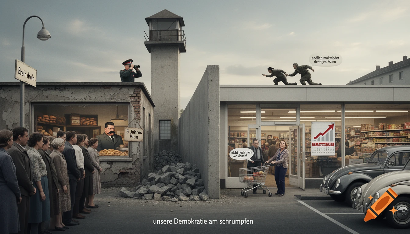 A satirical image depicting the Berlin Wall divide: left shows a bread line with a '5 Jahres Plan' sign and Stalin, right shows a bustling supermarket. People escape over the wall, and signs read 'Brain drain' and 'unsere Demokratie am schrumpfen'.