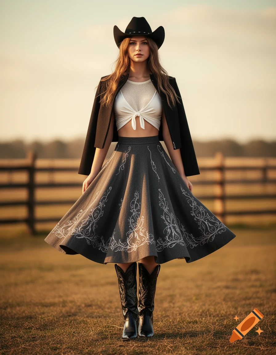 A woman in a black cowboy hat, jacket, white crop top, embroidered skirt, and cowboy boots stands in a field.
