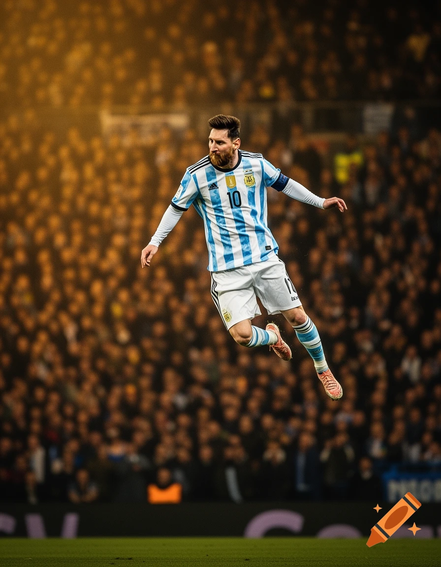 Lionel Messi in an Argentina jersey jumps high over a soccer field with a blurred crowd in the background.