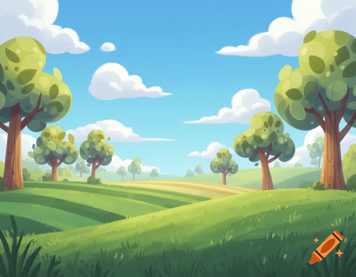 A vibrant cartoon landscape with rolling green hills, many green trees, and a bright blue sky with fluffy white clouds.