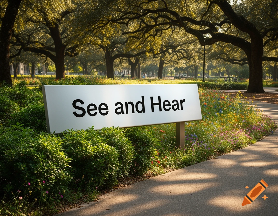 A white sign with "See and Hear" on it, surrounded by bushes and flowers in a sunny park with large trees.