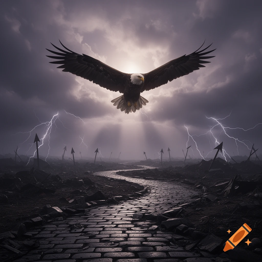 A majestic eagle flies under a stormy, lightning-filled sky above a winding cobblestone path through a desolate landscape with arrow markers.