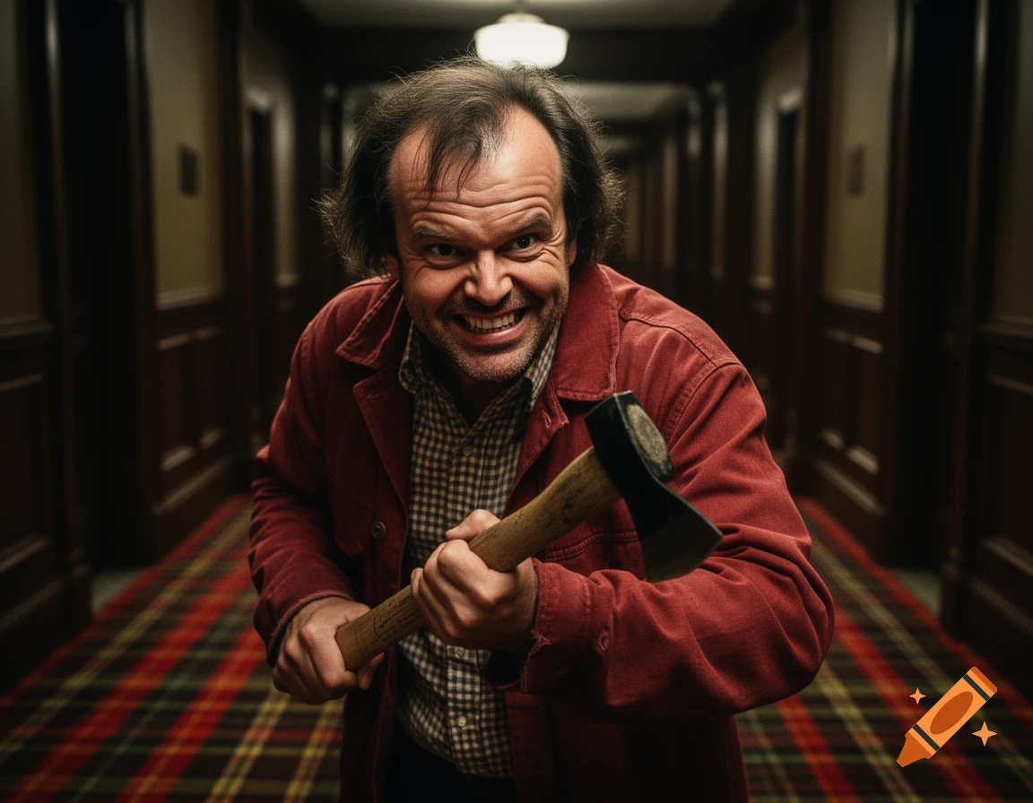 A photorealistic image of Jack Nicholson as Jack Torrance from The Shining, menacingly grinning while holding an axe in a hotel hallway.