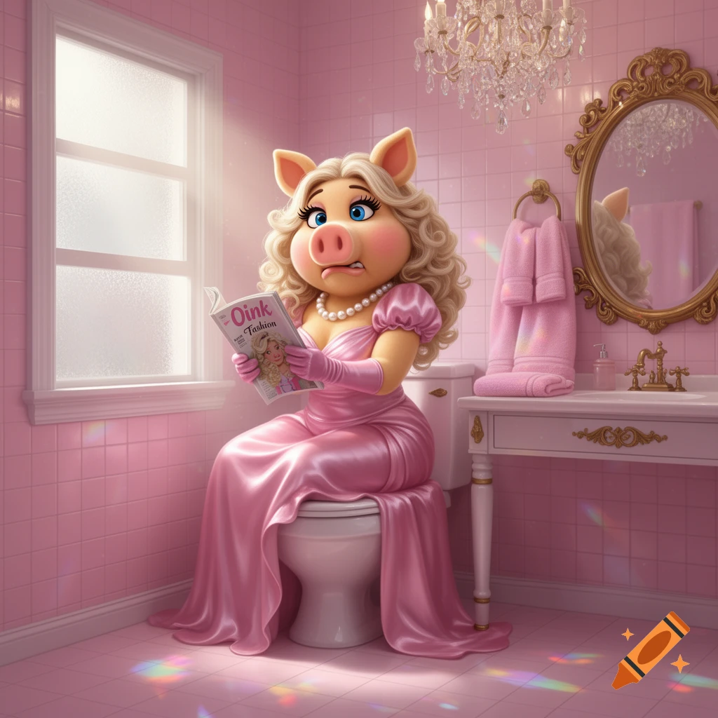 Miss Piggy, in a pink gown and pearls, sits on a toilet in a lavish pink bathroom, reading an 'Oink Fashion' magazine.