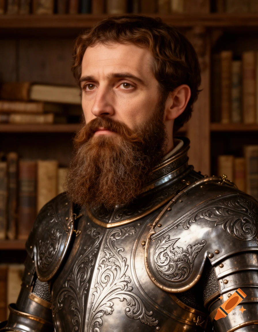A man with a beard and mustache wearing detailed medieval armor in front of a bookshelf.