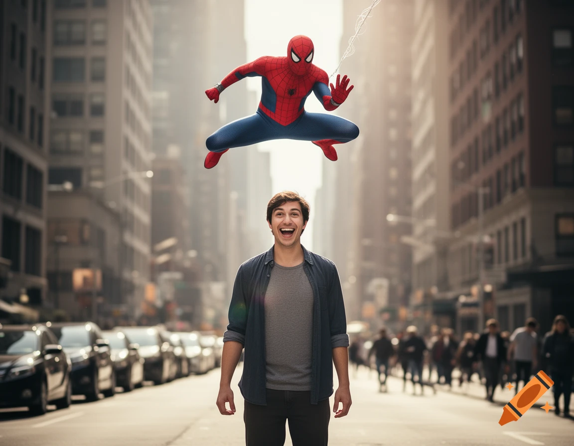 A smiling man looks up at Spider-Man, who is airborne above him and waving, on a blurry city street.
