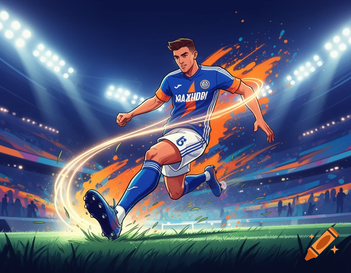 Animated soccer player in a blue and orange jersey kicking a ball on a stadium field at night.