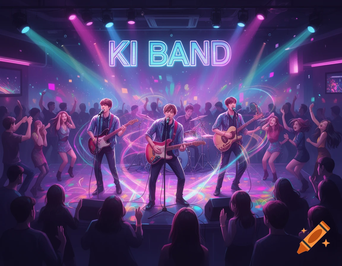 A band plays guitars on a neon-lit stage with "KI BAND" above them, performing for an excited audience in a discotheque.