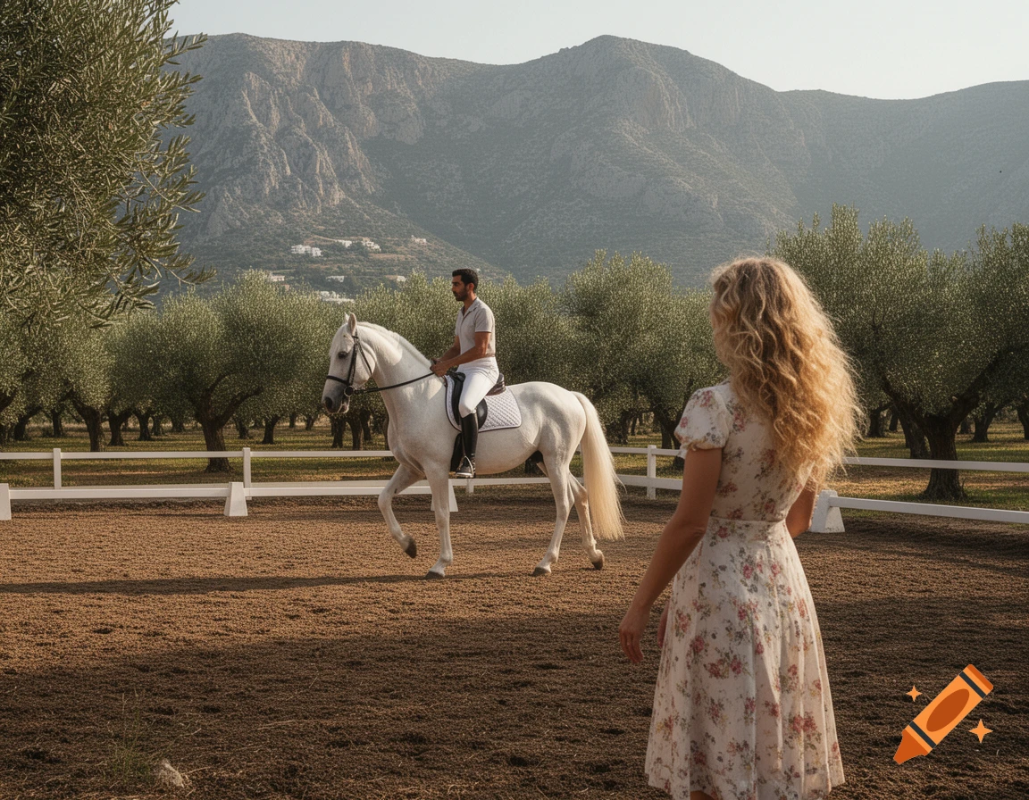 A man rides a white horse in a paddock amidst an olive grove with mountains in the background, while a woman in a floral dress watches.