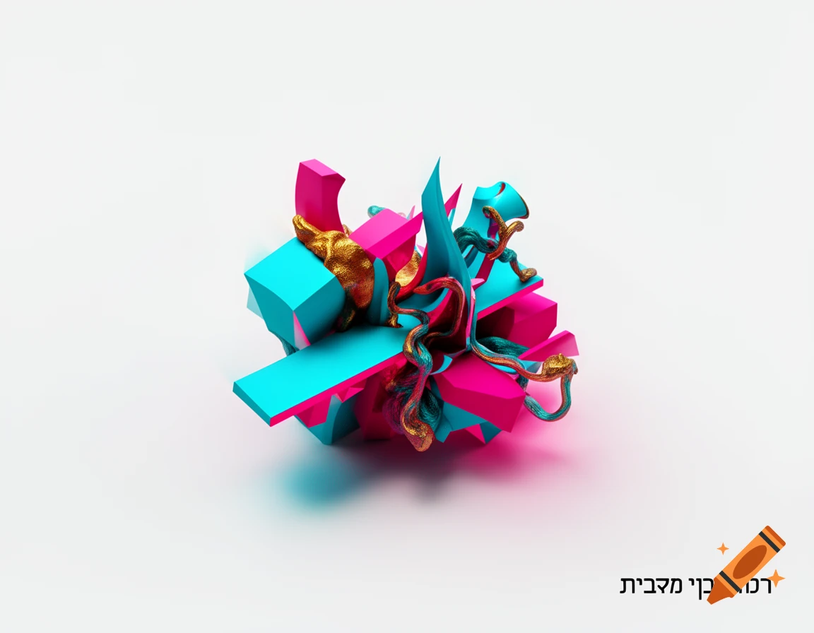 An abstract 3D render featuring vibrant pink and cyan geometric shapes intertwined with gold and dark teal organic textures on a white background.
