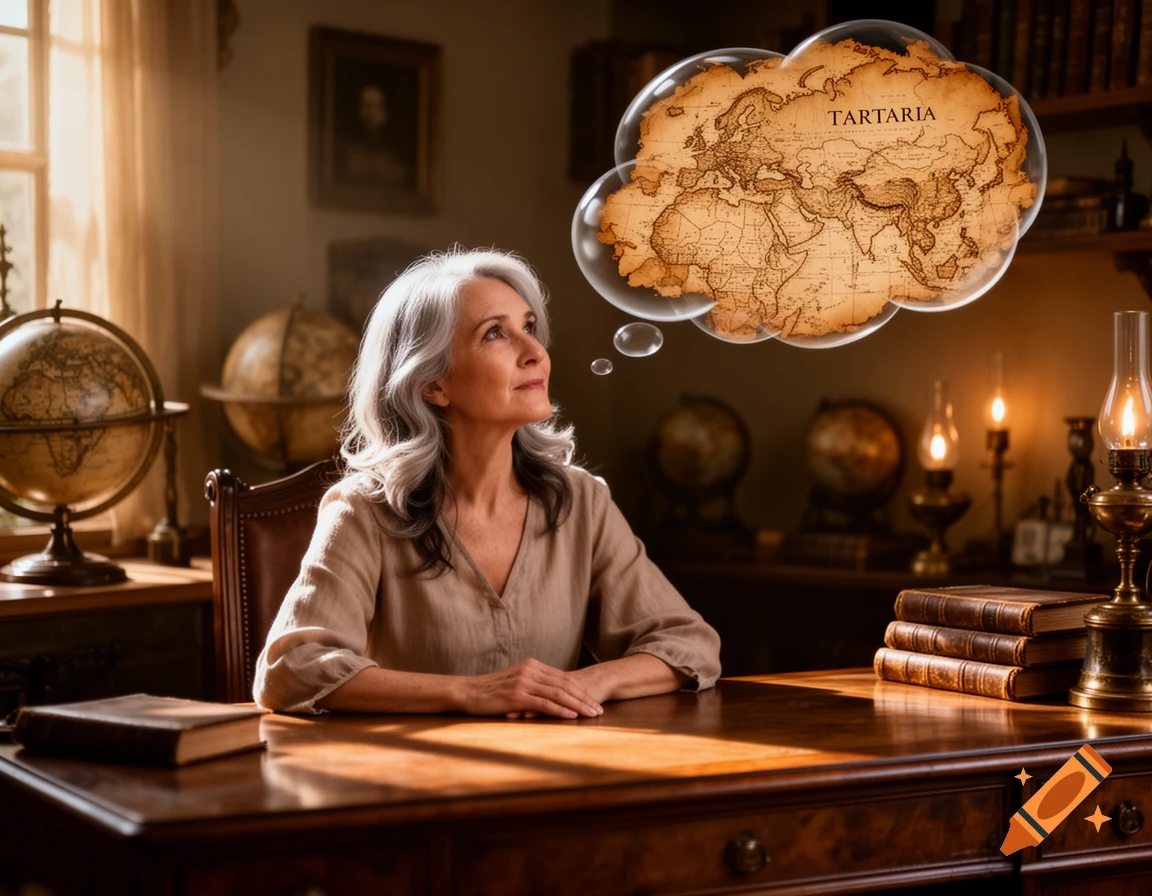 A woman with grey hair at a desk looks up at a thought bubble showing an antique map labeled 'Tartaria'.