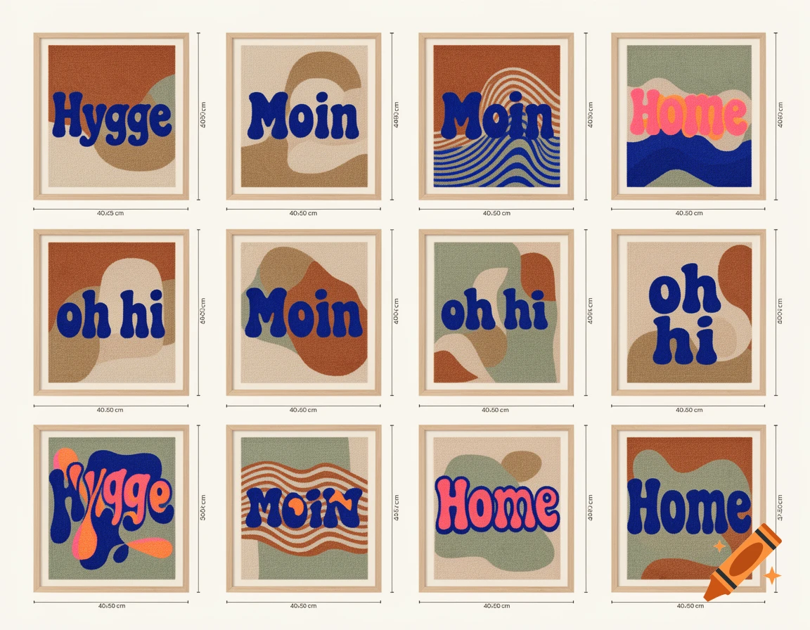 A grid of twelve framed minimalist abstract art prints with words like Hygge, Moin, oh hi, and Home in bubble letters, earthy tones, and electric blue.