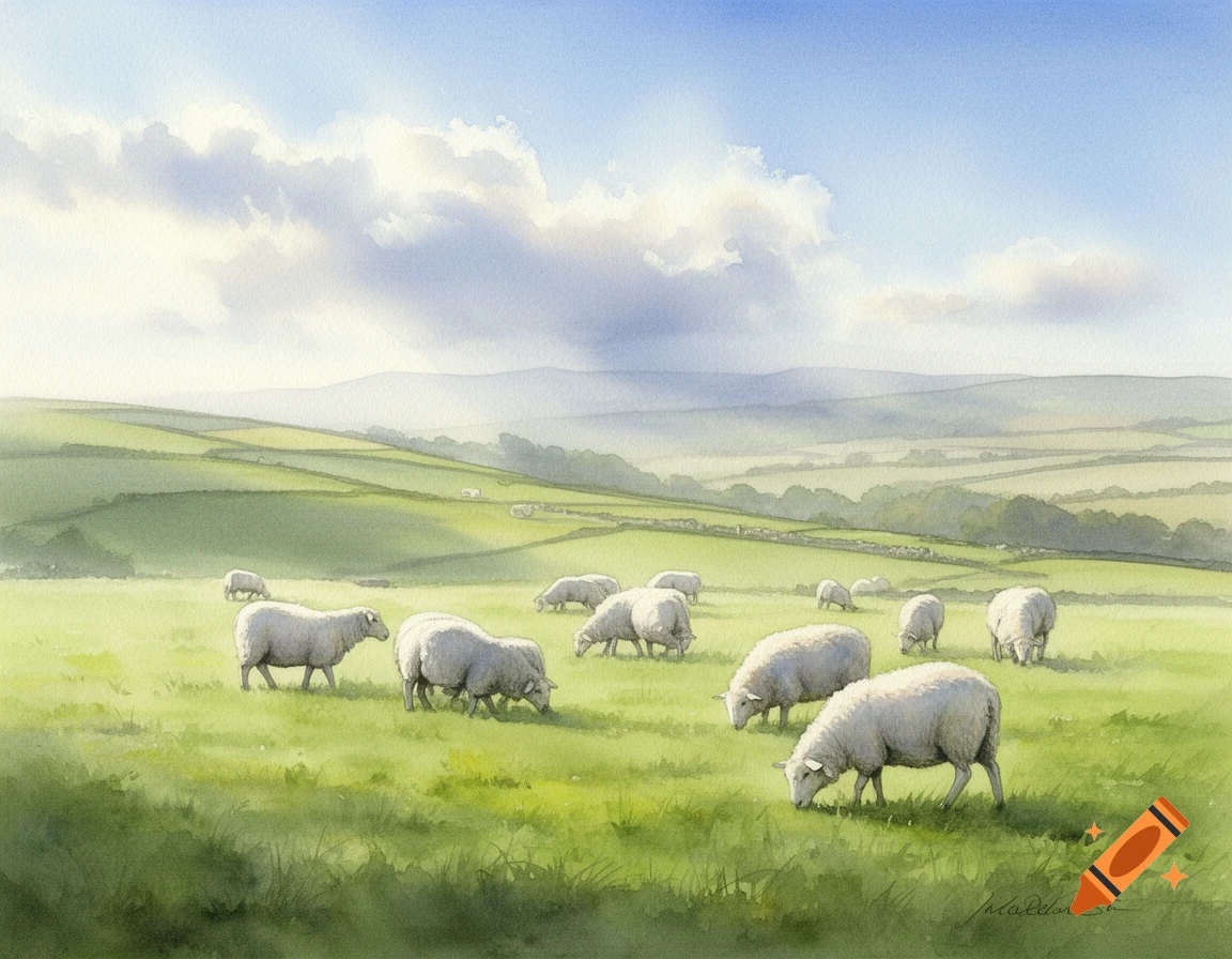 Watercolor painting of a herd of white sheep grazing in a green, rolling field under a cloudy blue sky.
