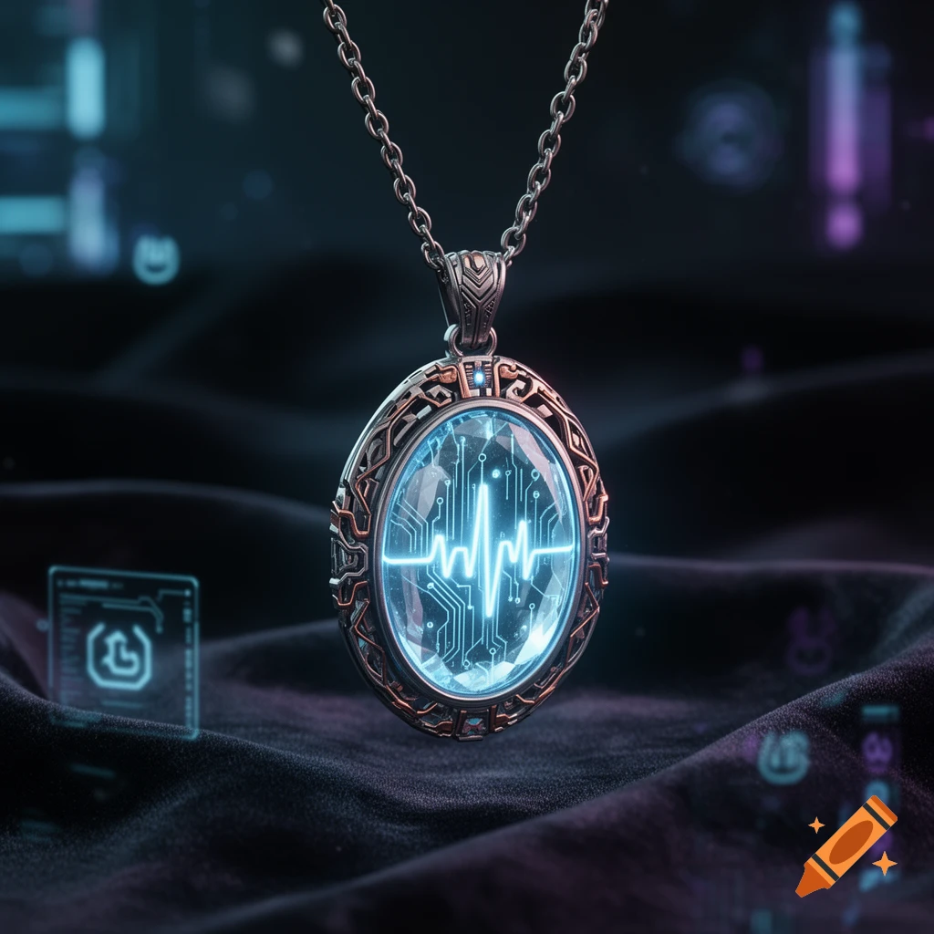 A close-up of a futuristic oval amulet on a chain, glowing with a blue circuit board pattern and a heartbeat line. The background is dark with blurry digital elements.