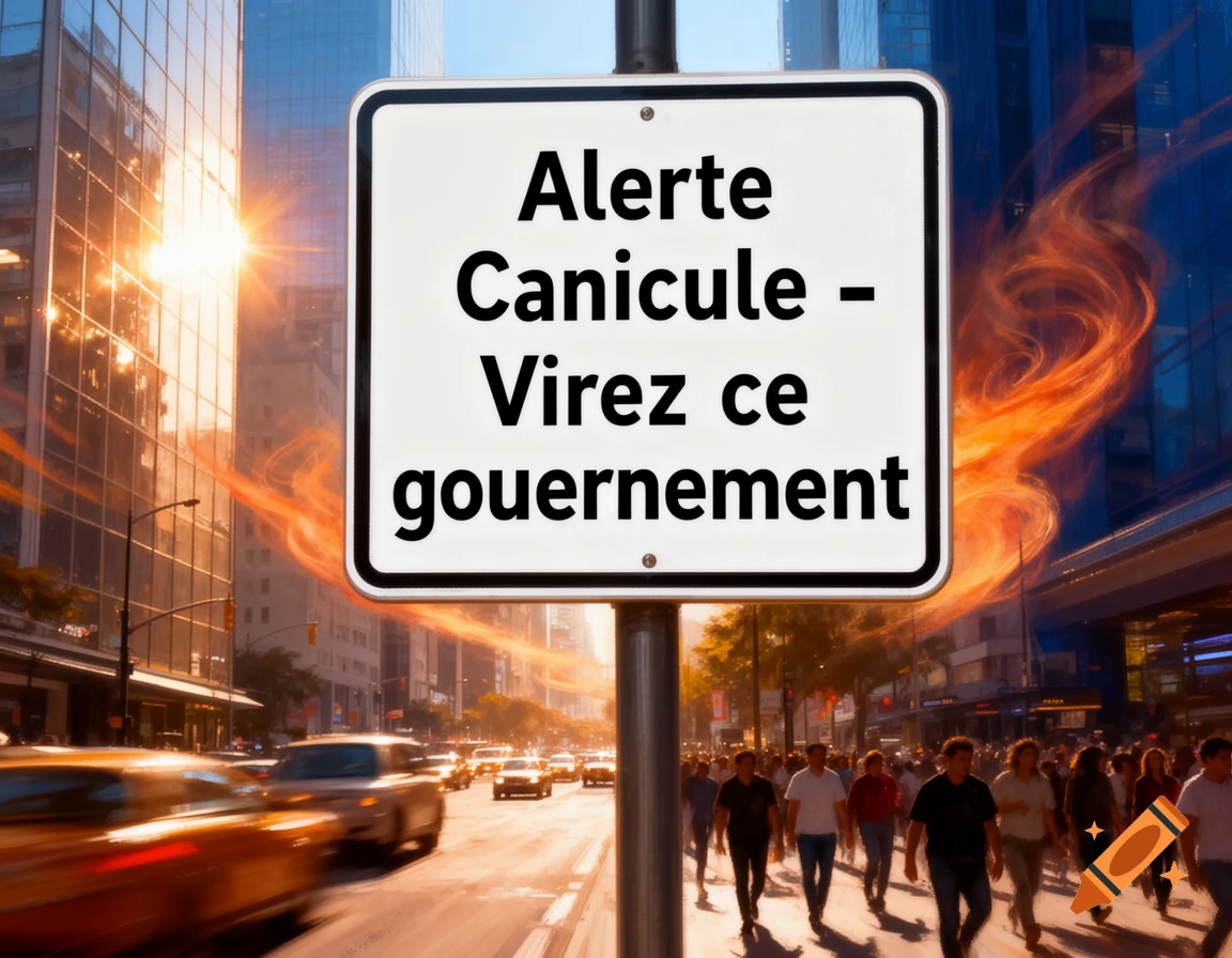 A street sign in a city reads 'Alerte Canicule - Virez ce gouvernement' with blurred traffic and fiery visual effects.