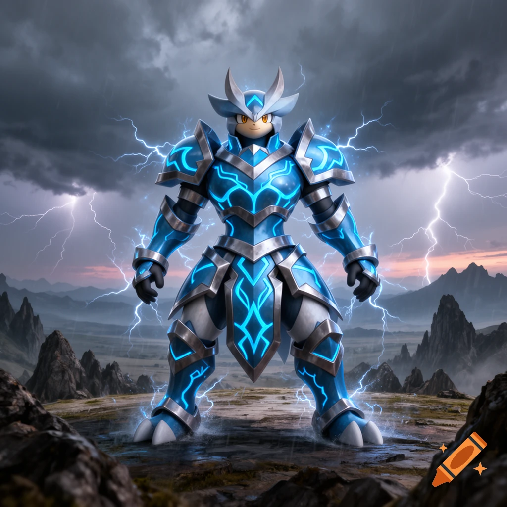 Armored creature with blue glowing patterns and horns stands in a rocky landscape under a stormy sky with lightning.
