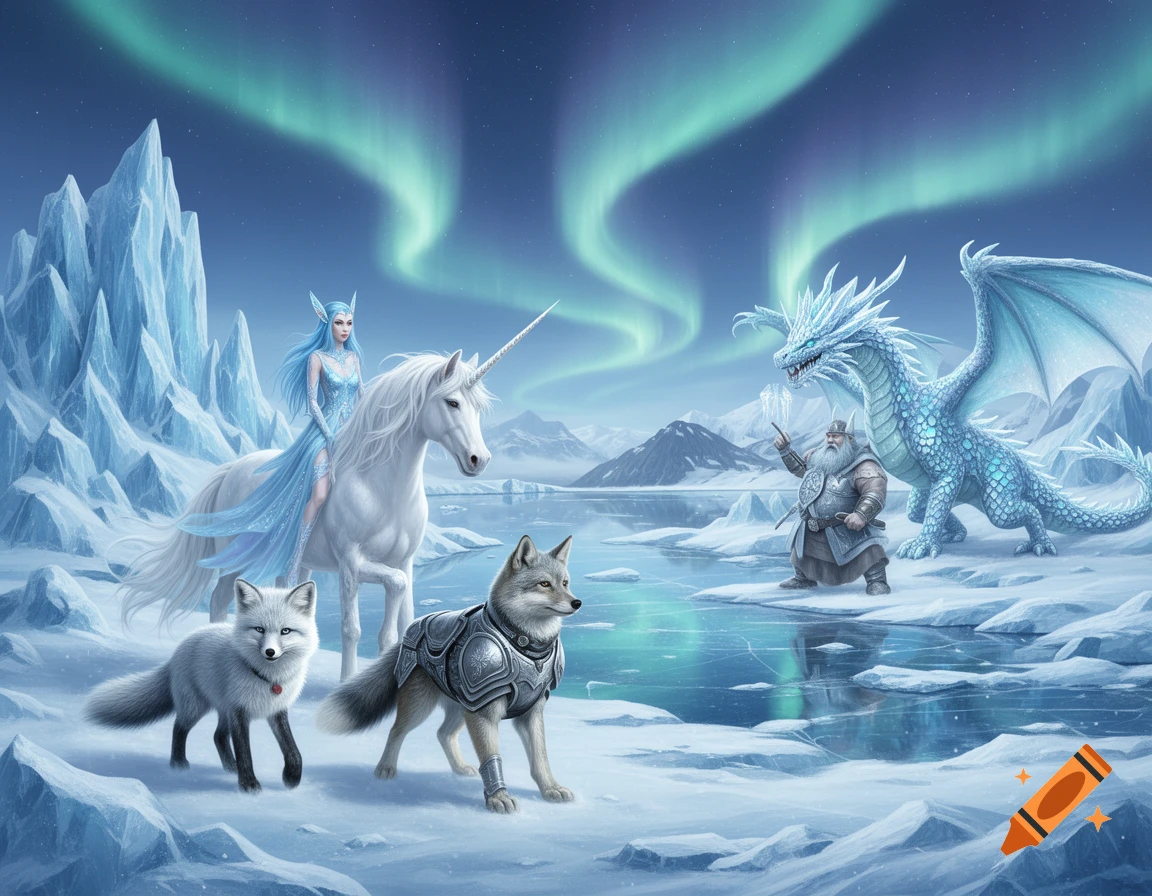 An ice elf on a unicorn, an armored wolf, a fox, an ice dwarf, and an ice dragon in a snowy landscape with aurora borealis.