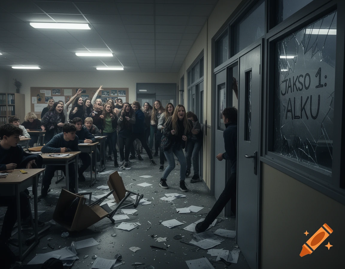 A dark, chaotic classroom scene with students looking panicked, overturned furniture, scattered papers, and broken glass on a door with text reading "JAKSO 1: ALKU"