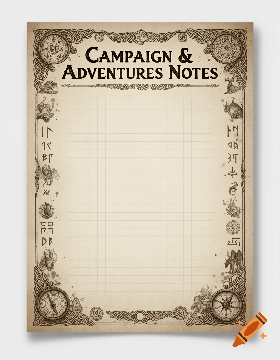 A vintage-style Dungeons & Dragons notes page titled 'Campaign & Adventures Notes' with a grid, framed by celtic knots, runes, and small fantasy creatures, and two compasses.