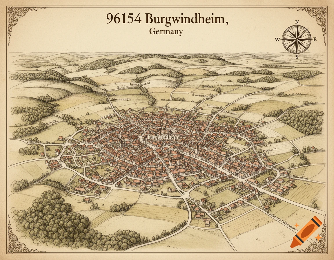 An antique-style, hand-drawn map depicting the town of Burgwindheim, Germany, surrounded by rolling hills and fields, with detailed road infrastructure.