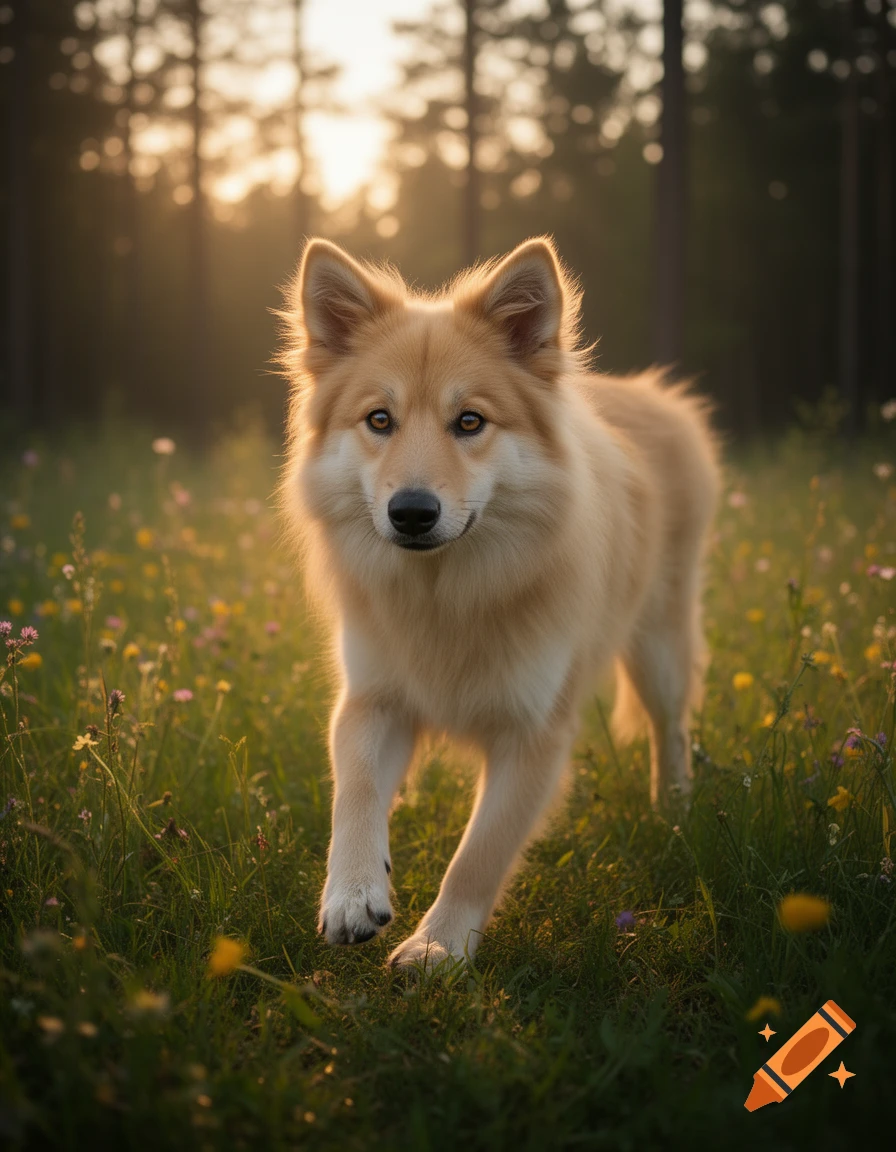 A fluffy, light brown dog with amber eyes walks through a sunlit field of green grass and wildflowers, with trees in the background.