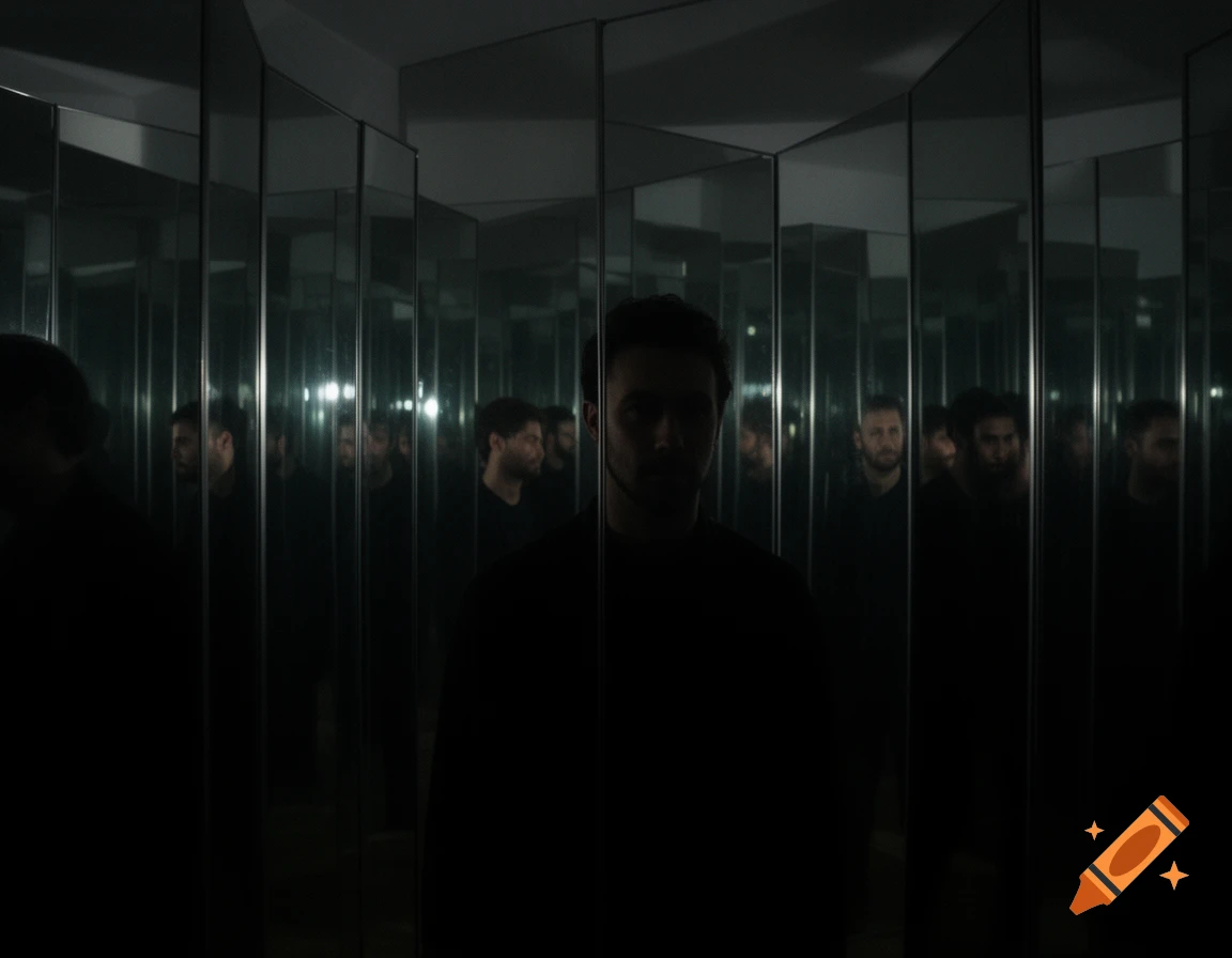 A man's face is partially obscured by shadow in a dark room filled with multiple reflections of himself in a mirror maze.