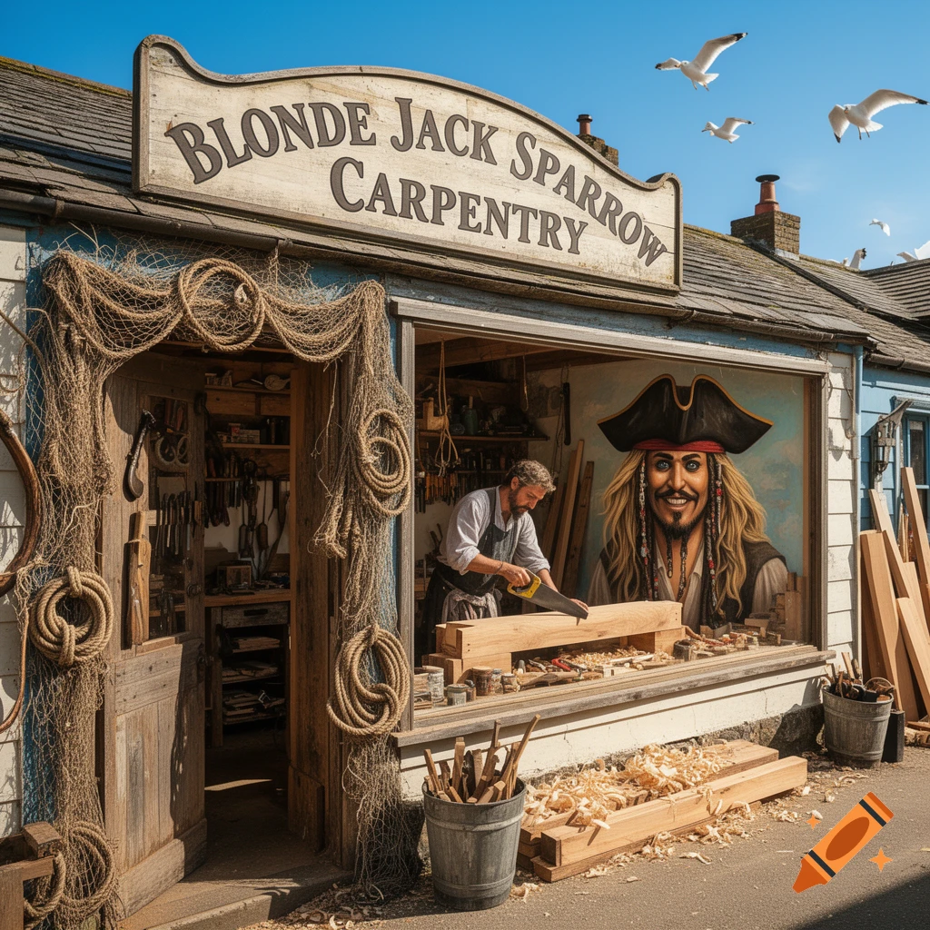 A photorealistic image of a "Blonde Jack Sparrow Carpentry" shop with a man sawing wood and a large painting of Captain Jack Sparrow in the window.