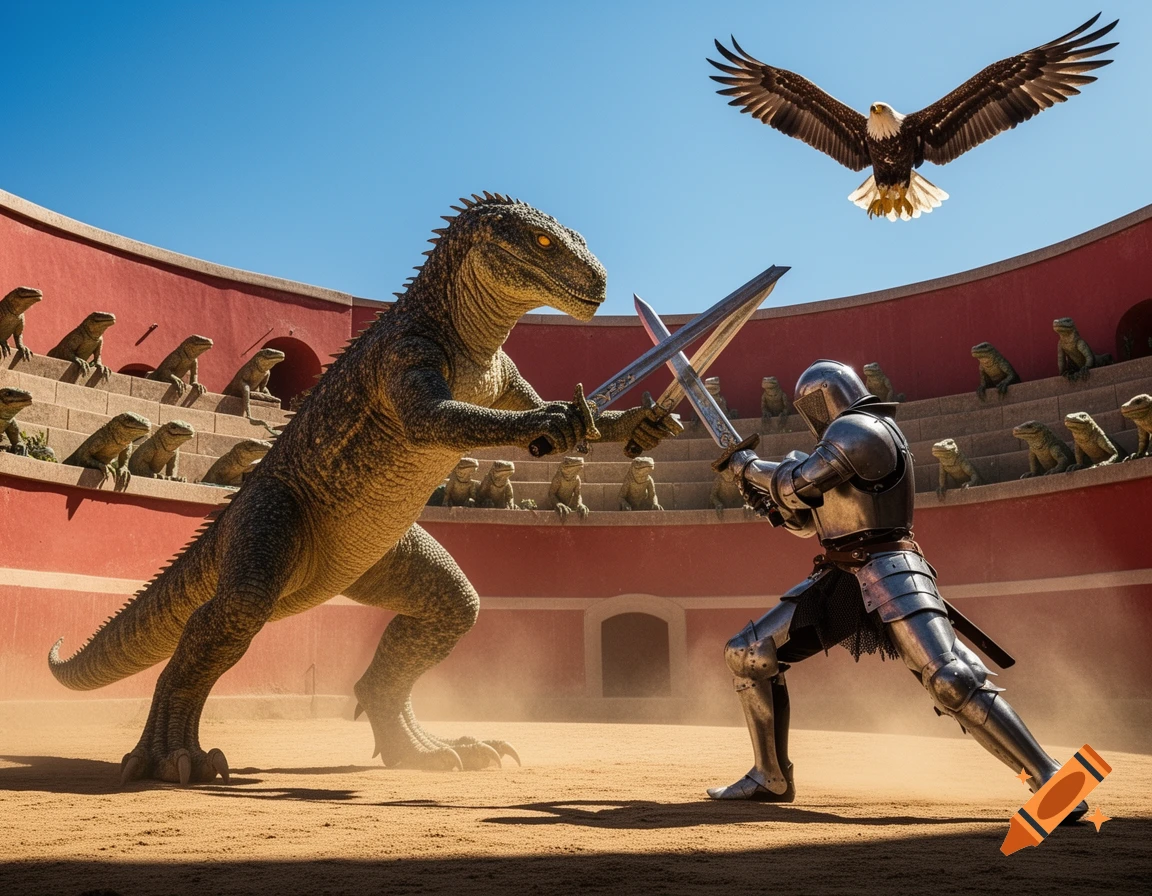 A knight battles a large bipedal lizard with swords in a sandy arena with red walls, watched by smaller lizards and an eagle.