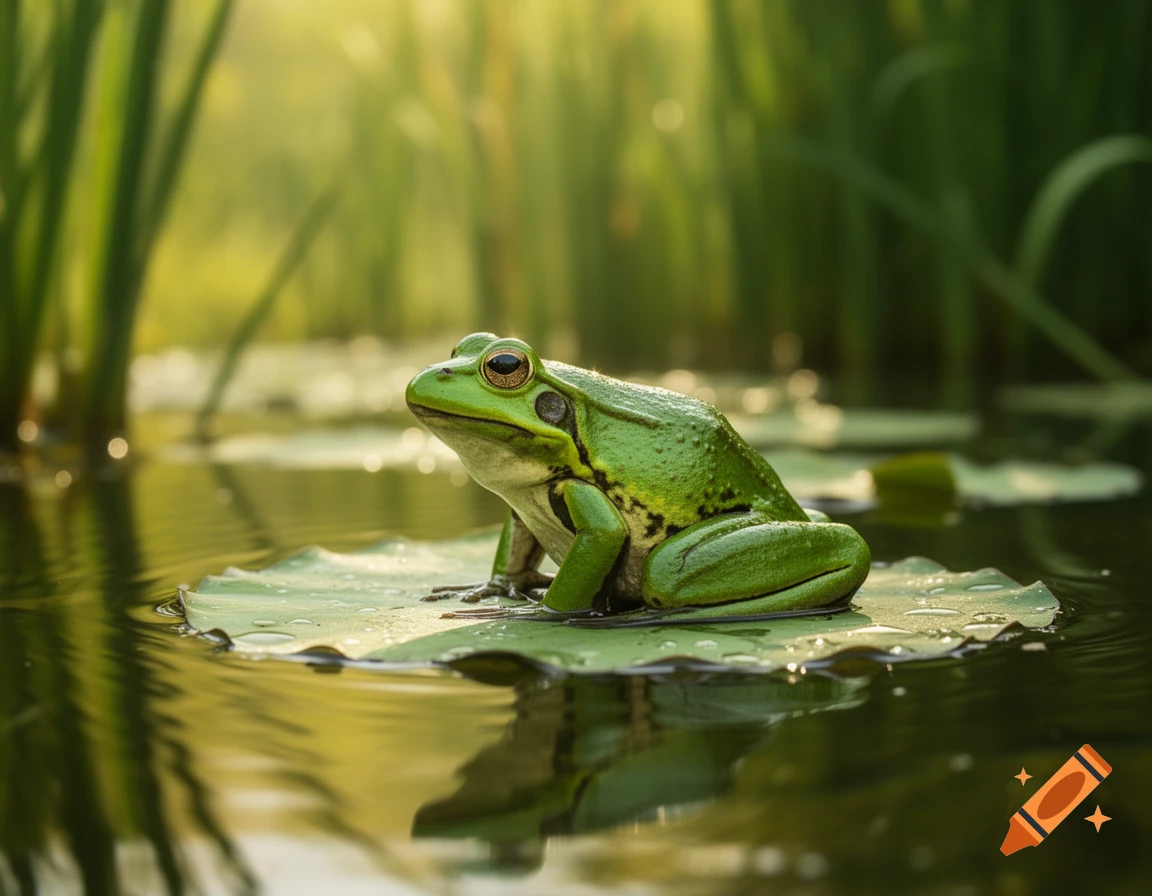 A vibrant green frog sits on a lily pad in a pond, surrounded by tall reeds and illuminated by soft golden light.