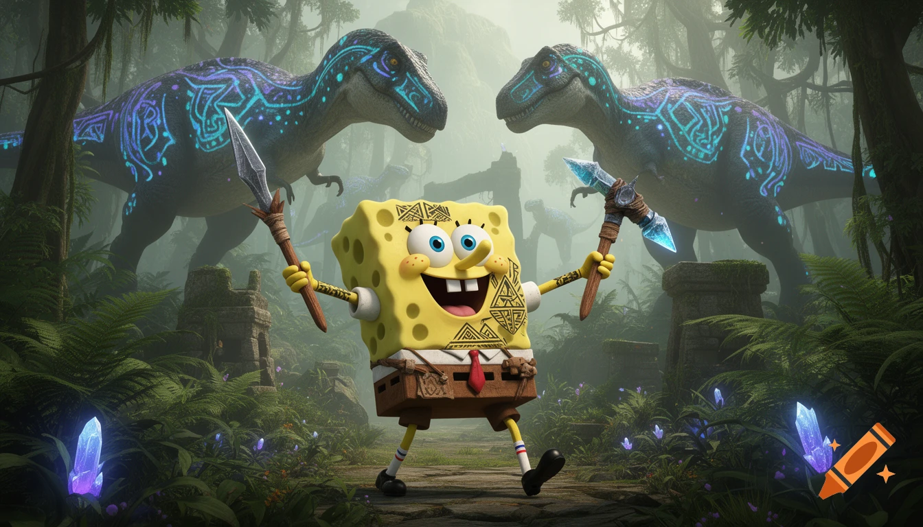 Spongebob with tribal markings holds a spear and an axe in a lush jungle, flanked by two large, glowing dinosaurs.