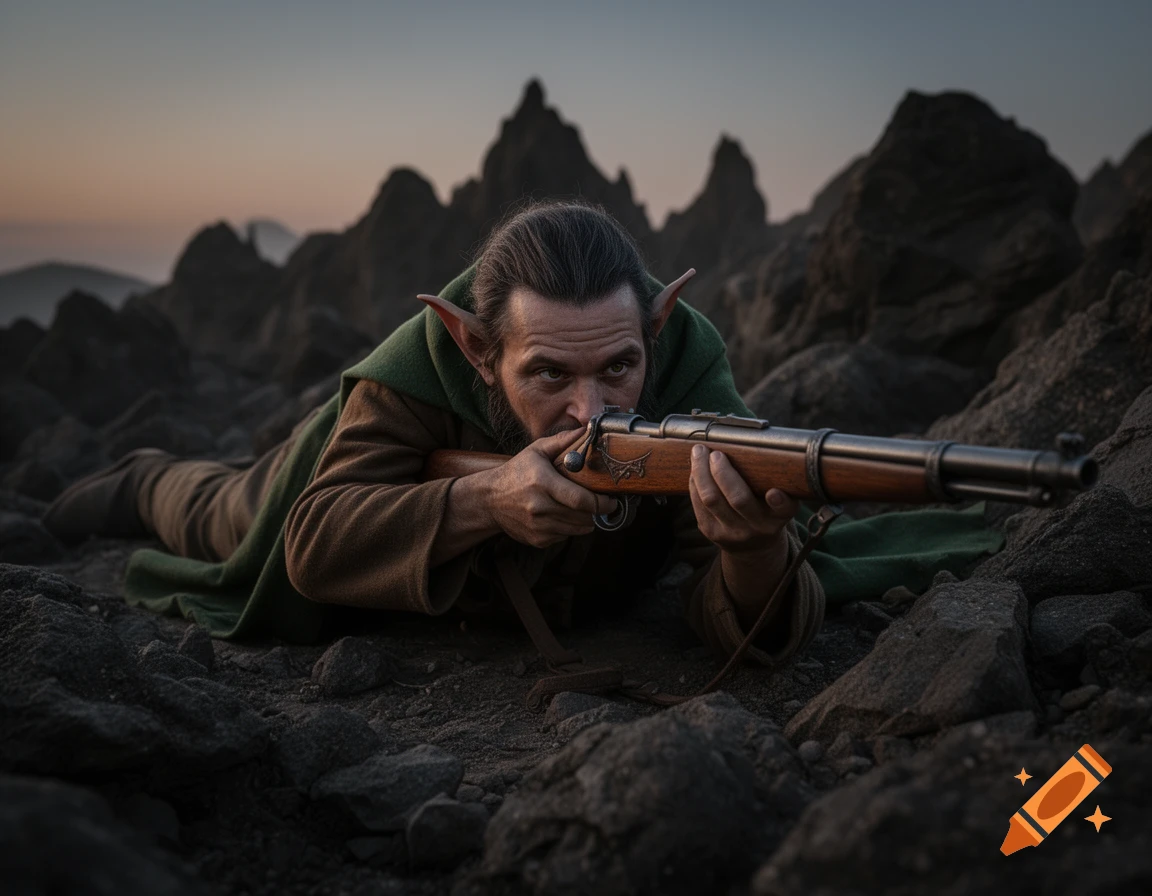 A photorealistic goblin sniper with pointed ears lies prone on rocky ground at twilight, aiming a long rifle.
